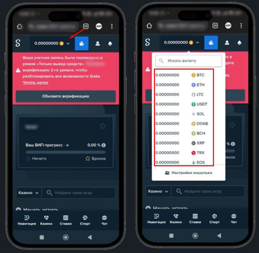 Криптовалюты в Stake Casino